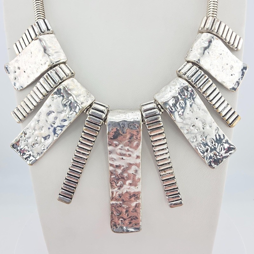 Vtg Statement Bib Necklace Hammer Bar Links Thick Snake Chain Silver Tone 20"